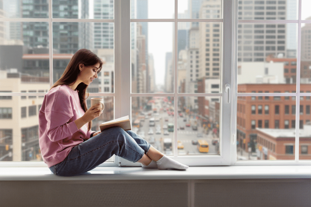 Mujer relajada leyendo y tomando café sentada en un alféizar con ventanas de PVC que aíslan el ruido del tráfico de la ciudad.