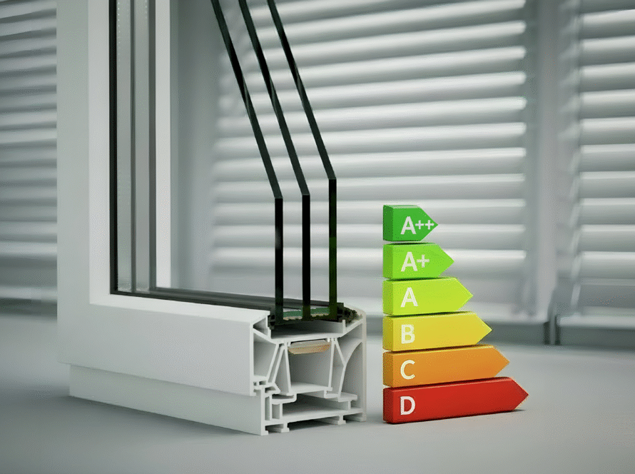 Sección transversal de ventana de PVC con triple acristalamiento, multicámara y etiqueta de eficiencia energética A++