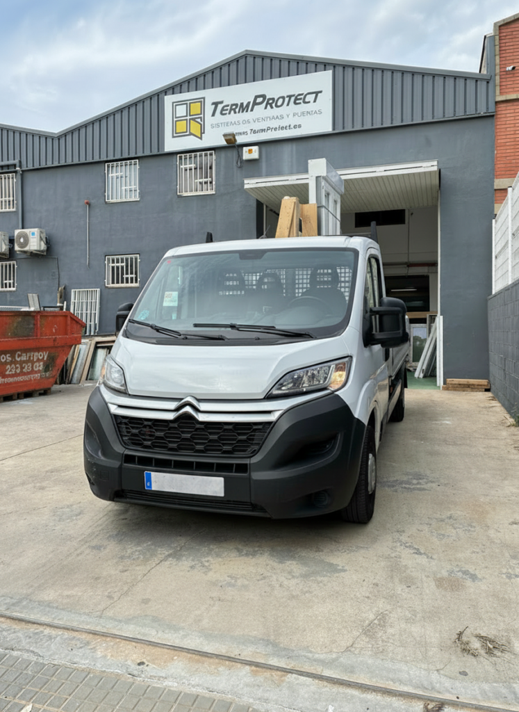 Vehículo de transporte y logística de TermProtect estacionado frente a la nave industrial de fabricación de ventanas