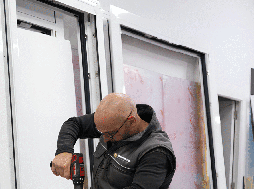 Técnico especialista de TermProtect ensamblando perfilería de ventana de PVC con taladro de precisión en fábrica