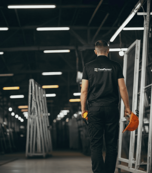 Operario de TermProtect caminando por la planta de producción de ventanas de PVC supervisando el proceso